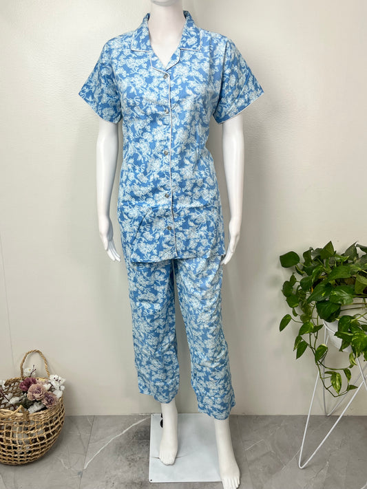 Sky Blue Classic Cotton Nightwear Set- Button Shirt & Pyjamas
