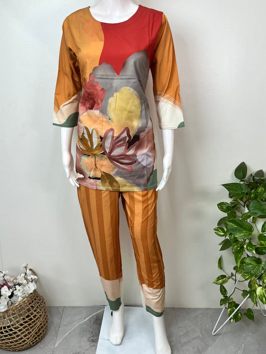 Orange & Red Rayon Night Suit