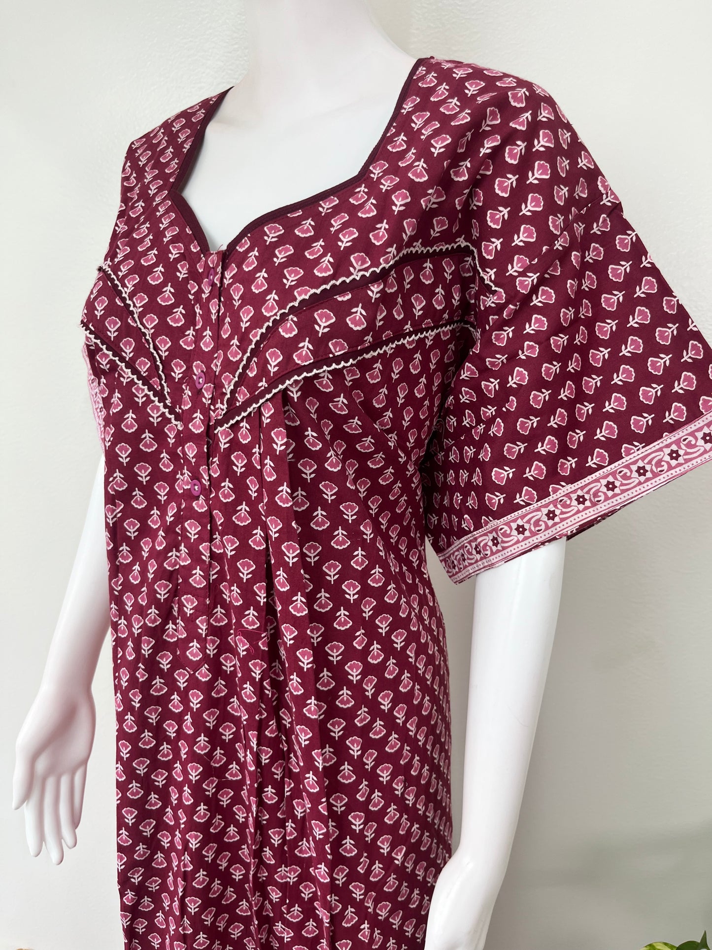 Wine Pleated Pure Cotton Nighty Soft & Comfortable