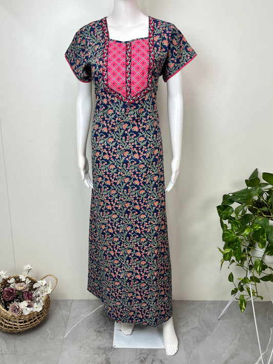 Navy Blue Floral Printed 100% Cotton Nighty