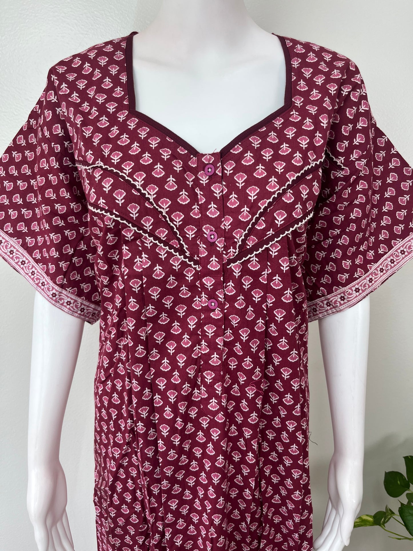Wine Pleated Pure Cotton Nighty Soft & Comfortable