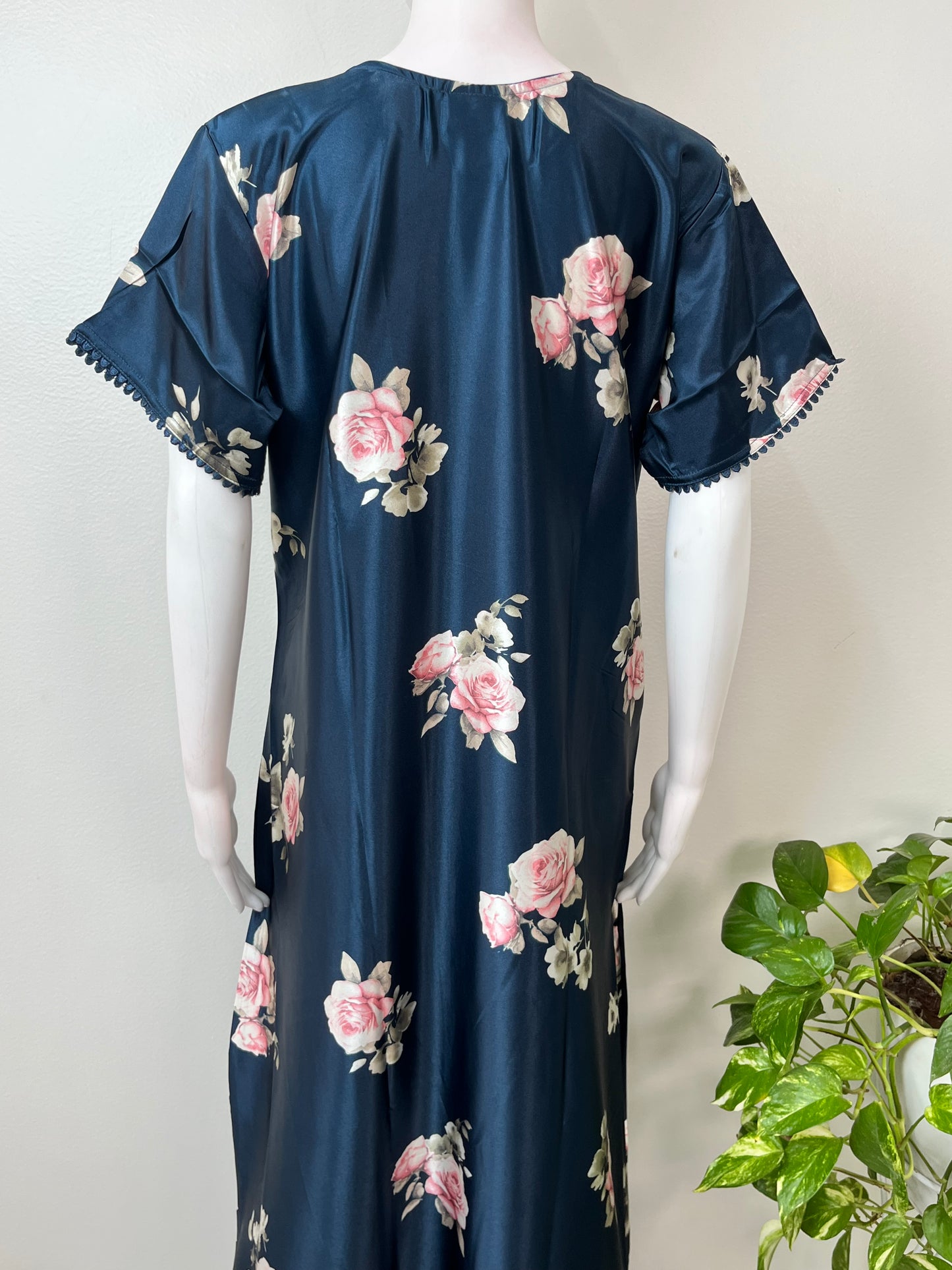 Navy Blue Satin Fabric Silky Texture Nightgown