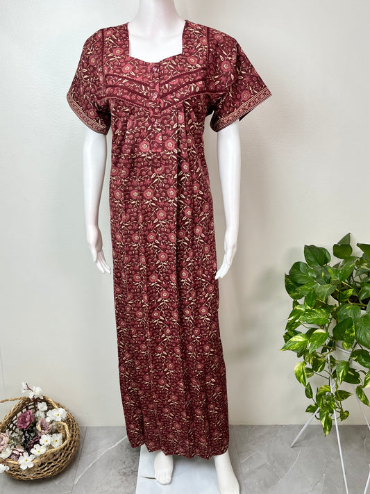 Maroon Pure Cotton Nightgown Soft & Breathable