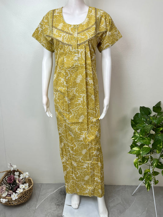 Yellow Pleated 100% Cotton Nighty
