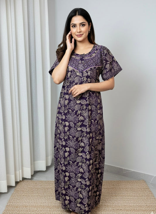 Purple Digital Printed 100% Cotton Nightgown