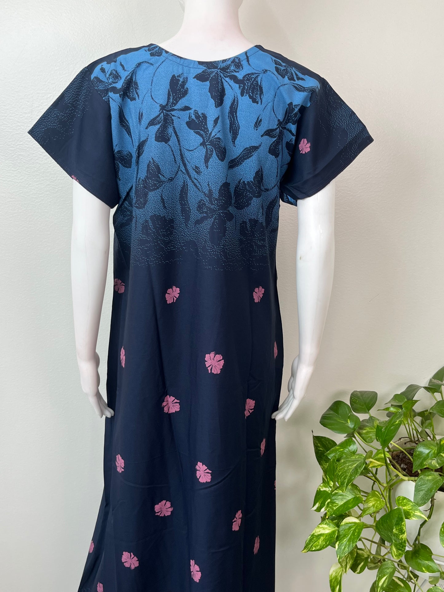 Navy Blue Printed Rayon Fabric Nighty