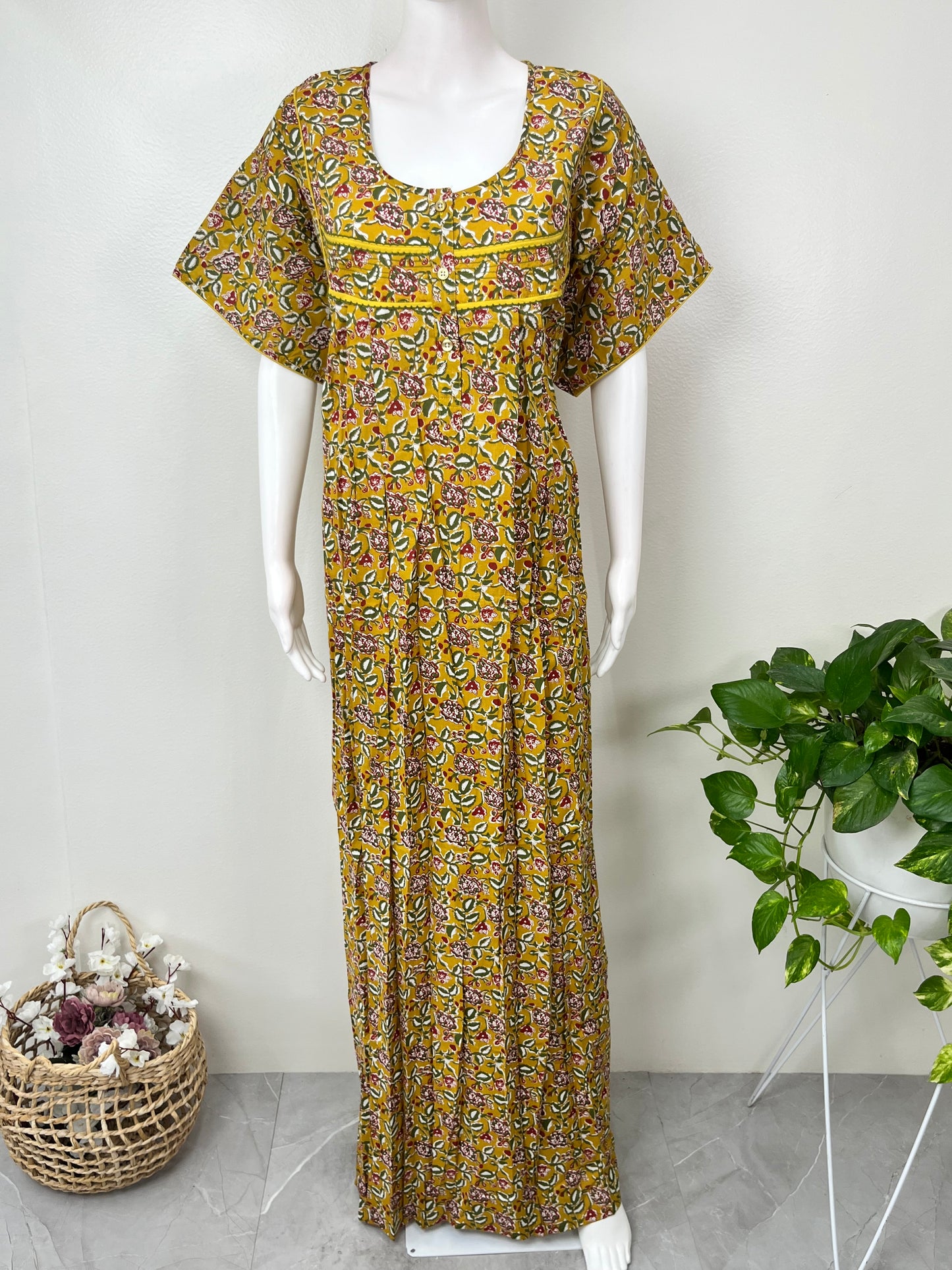 Mustard Kalamkari Printed Cotton Nightgown