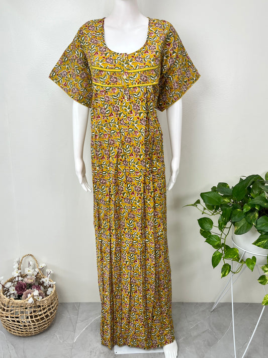Mustard Kalamkari Printed Cotton Nightgown
