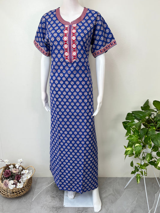 Royal Blue Printed Pure Cotton Nightgown
