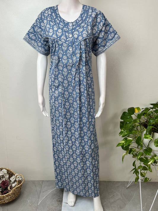Gray Pleated Style 100% Cotton Nightgown