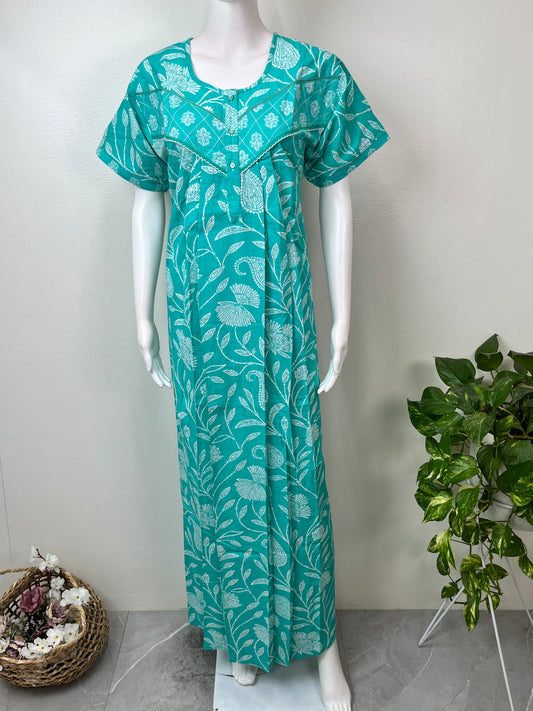Teal Pure Cotton Nightgown for Women