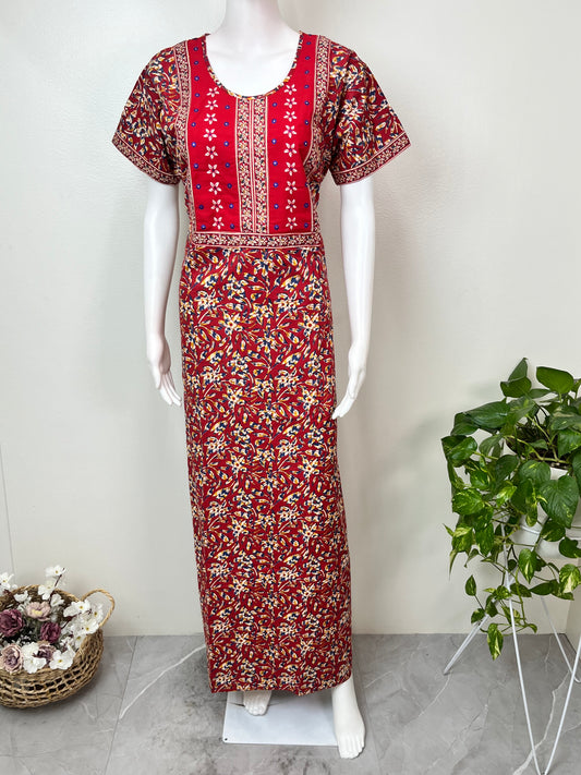 Red Classic Embroidered Pure Cotton Nightgown