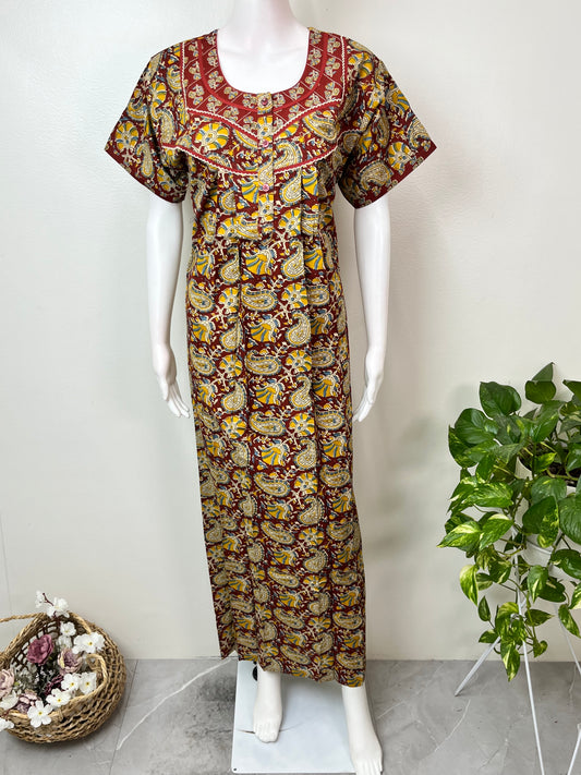 Maroon Ajrak Printed 100% Cotton Nightgown