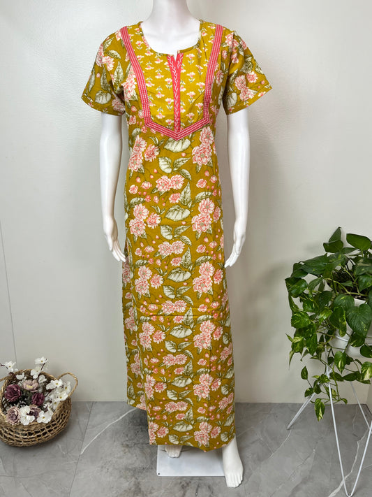 Yellow 100% Cotton Nightgown for Women