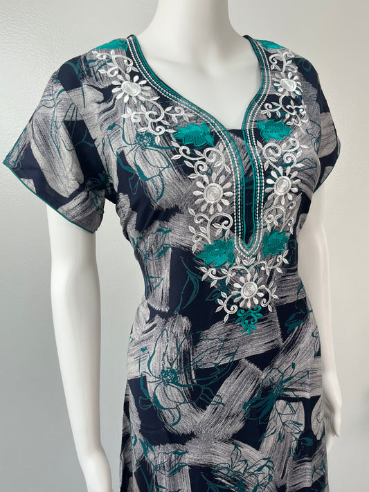 Teal Embroidery Black Alpine Fabric Nighty for Women
