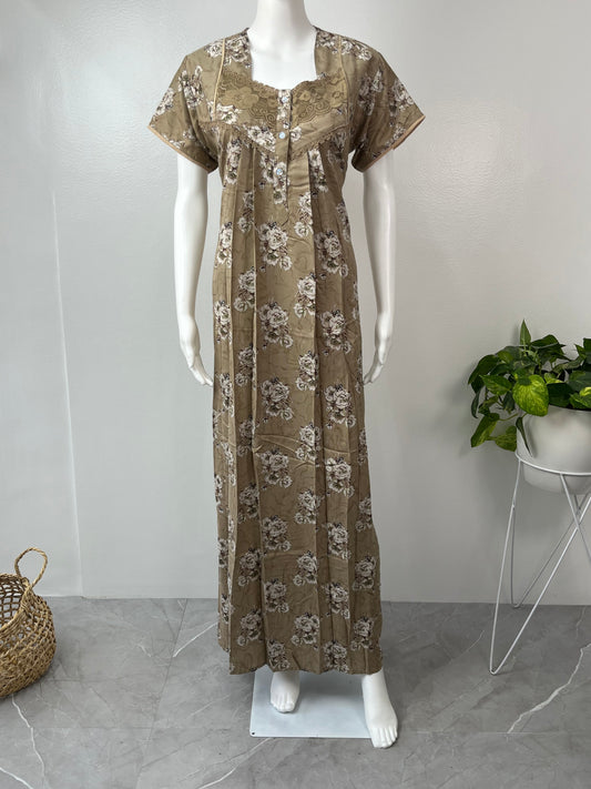 Camel Brown Printed Embroidery Alpine Nighty for Women