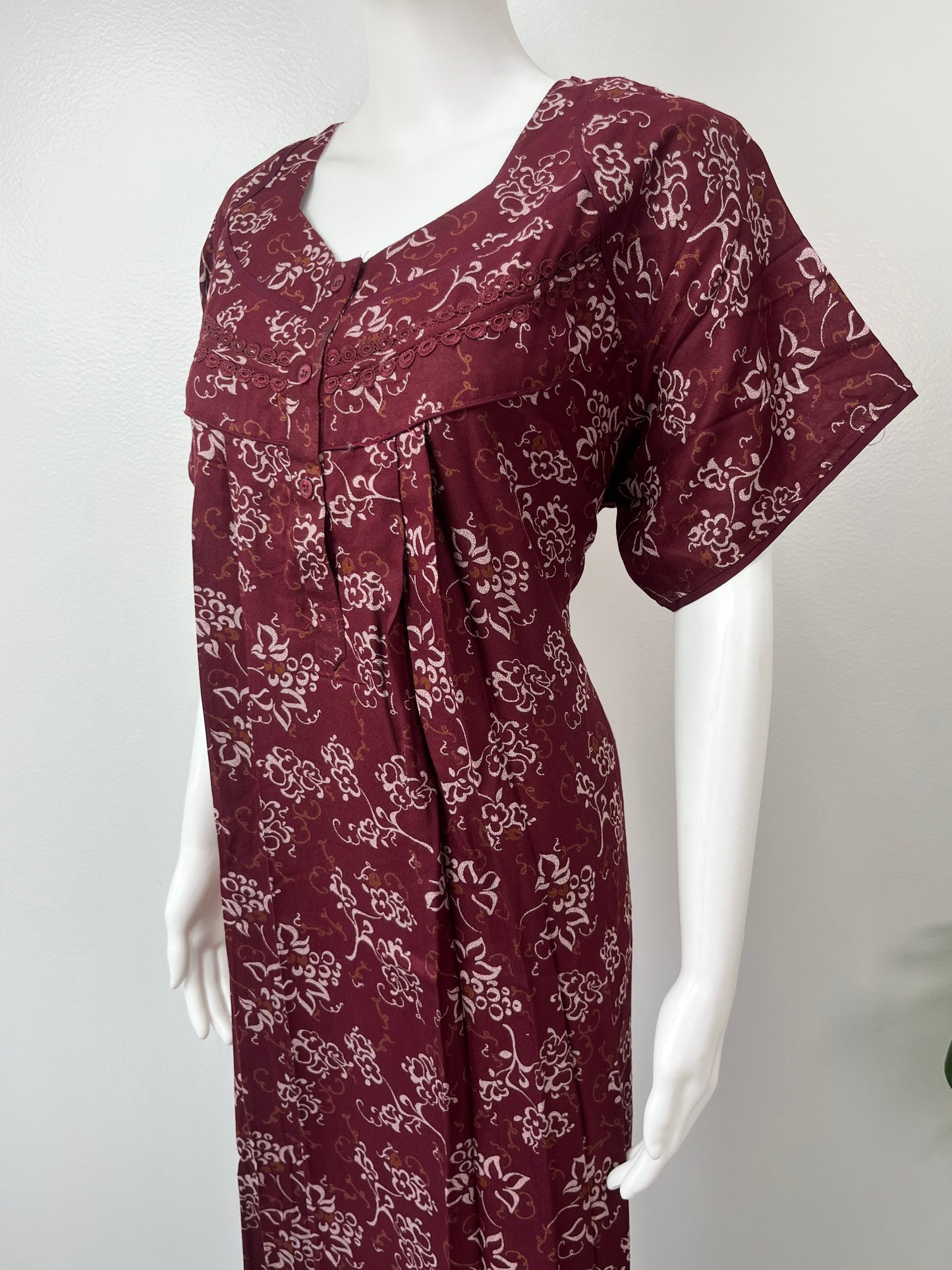 Maroon Pleated Alpine Nighty for Women