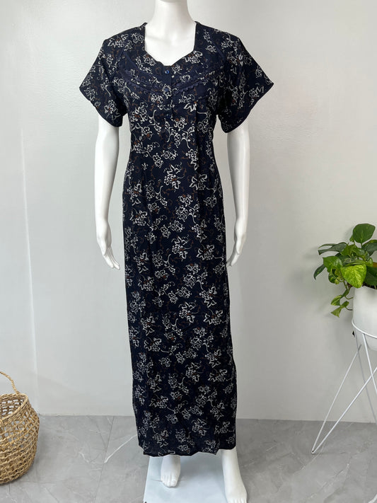 Navy Blue Laced Alpine Fabric Nightgown Soft & Breathable