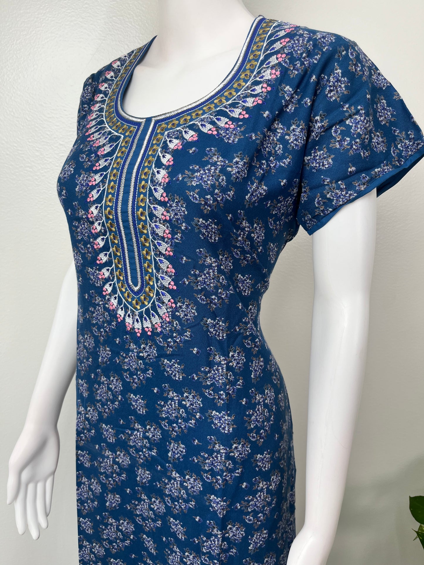 Navy Blue Alpine Fabric Embroidered Nightgown