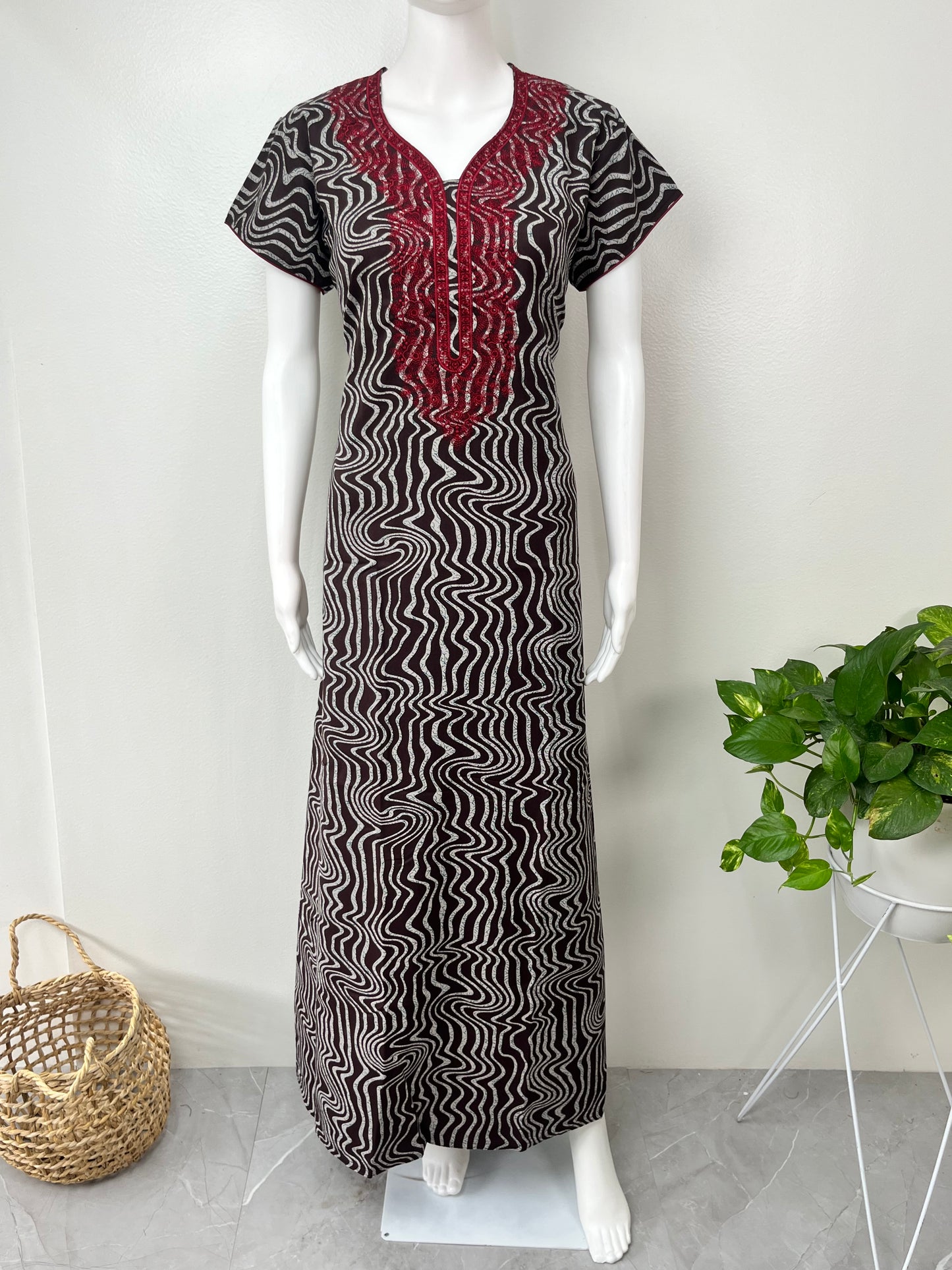Brown Embroidery Alpine Fabric Nighty