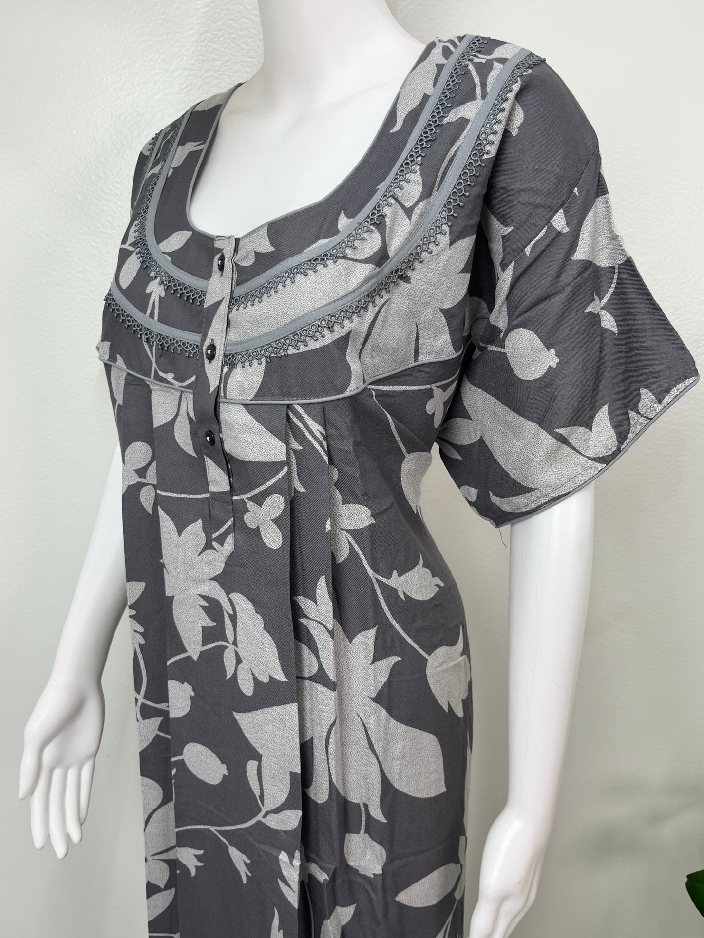 Gray Pleated Alpine Fabric Nightgown Soft & Breathable