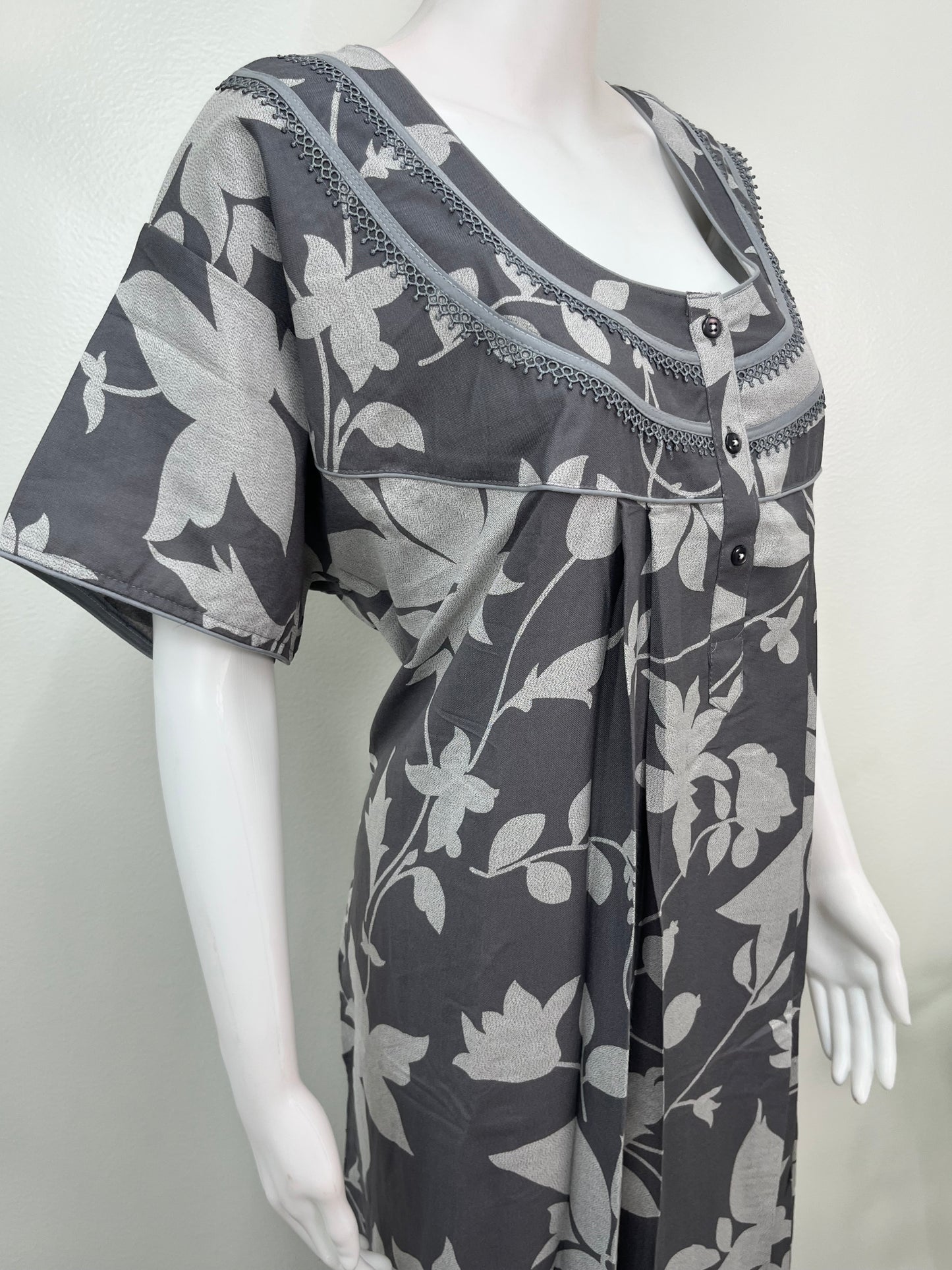 Gray Pleated Alpine Fabric Nightgown Soft & Breathable