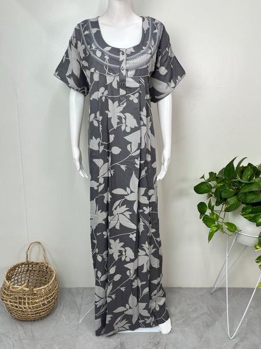 Gray Pleated Alpine Fabric Nightgown Soft & Breathable