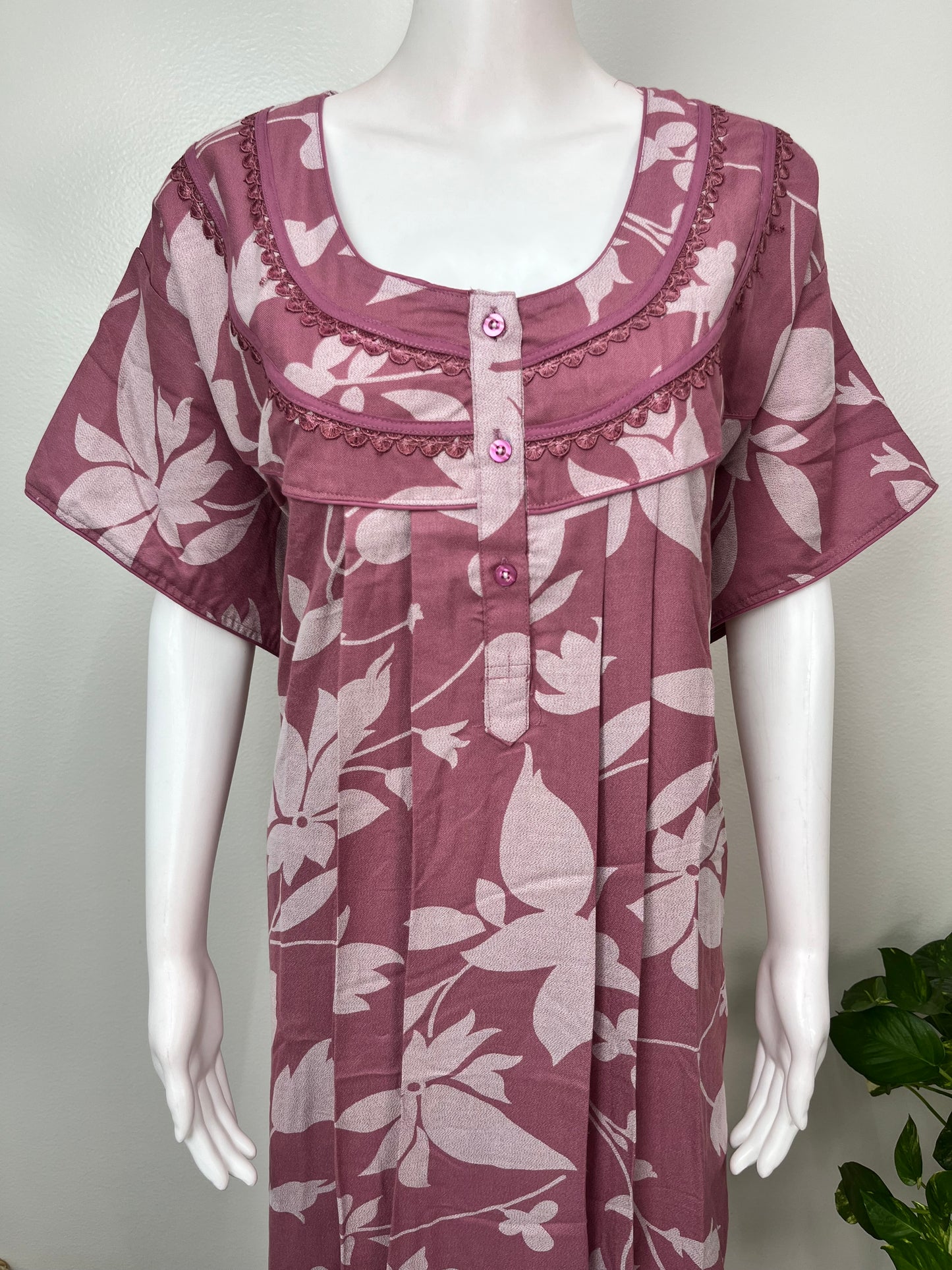 Pink Floral Printed Alpine Fabric Nightgown for Women