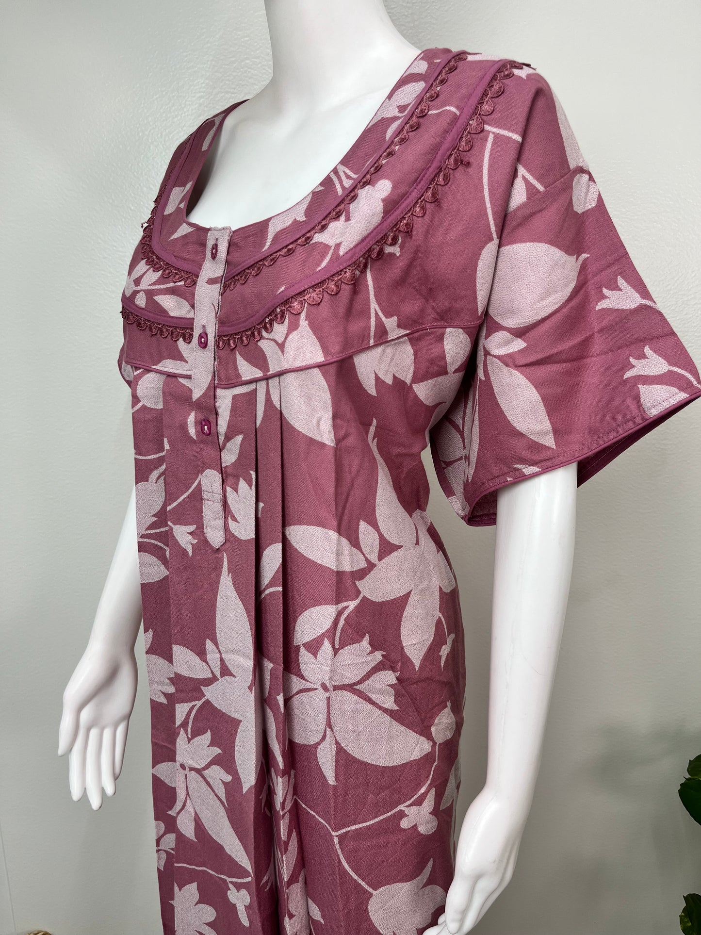 Pink Floral Printed Alpine Fabric Nightgown for Women