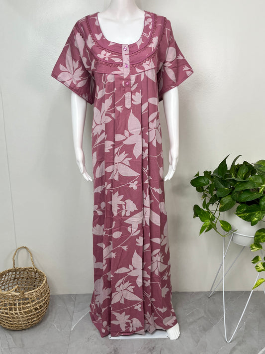 Pink Floral Printed Alpine Fabric Nightgown for Women