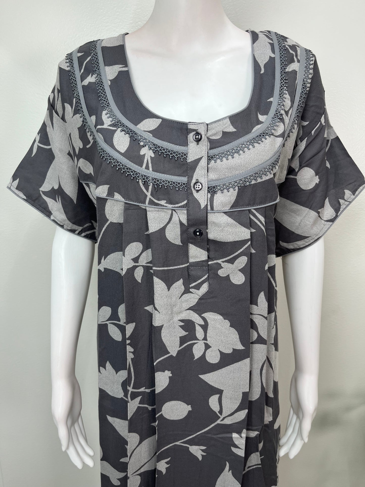 Gray Pleated Alpine Fabric Nightgown Soft & Breathable