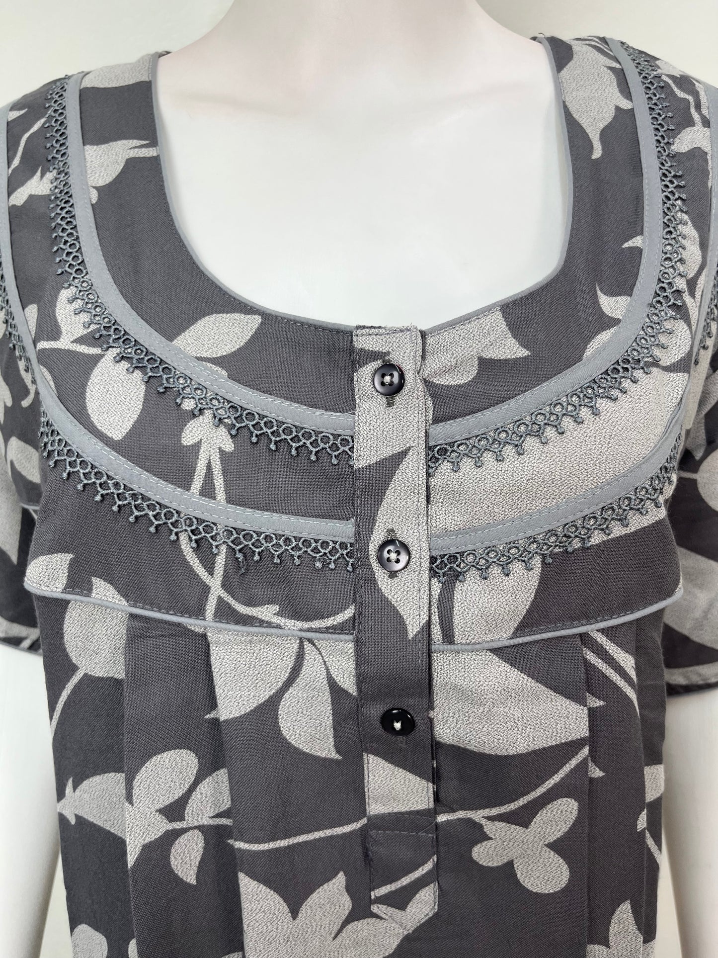 Gray Pleated Alpine Fabric Nightgown Soft & Breathable