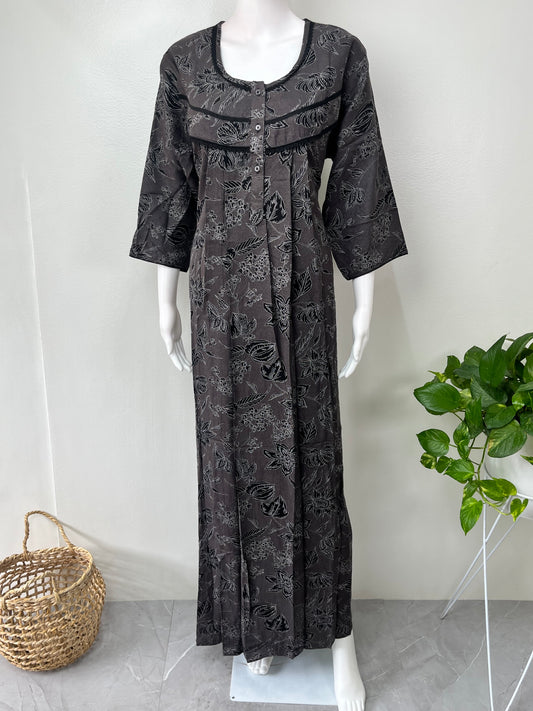 Black Pleated Alpine Fabric Nighty with Long Sleeves