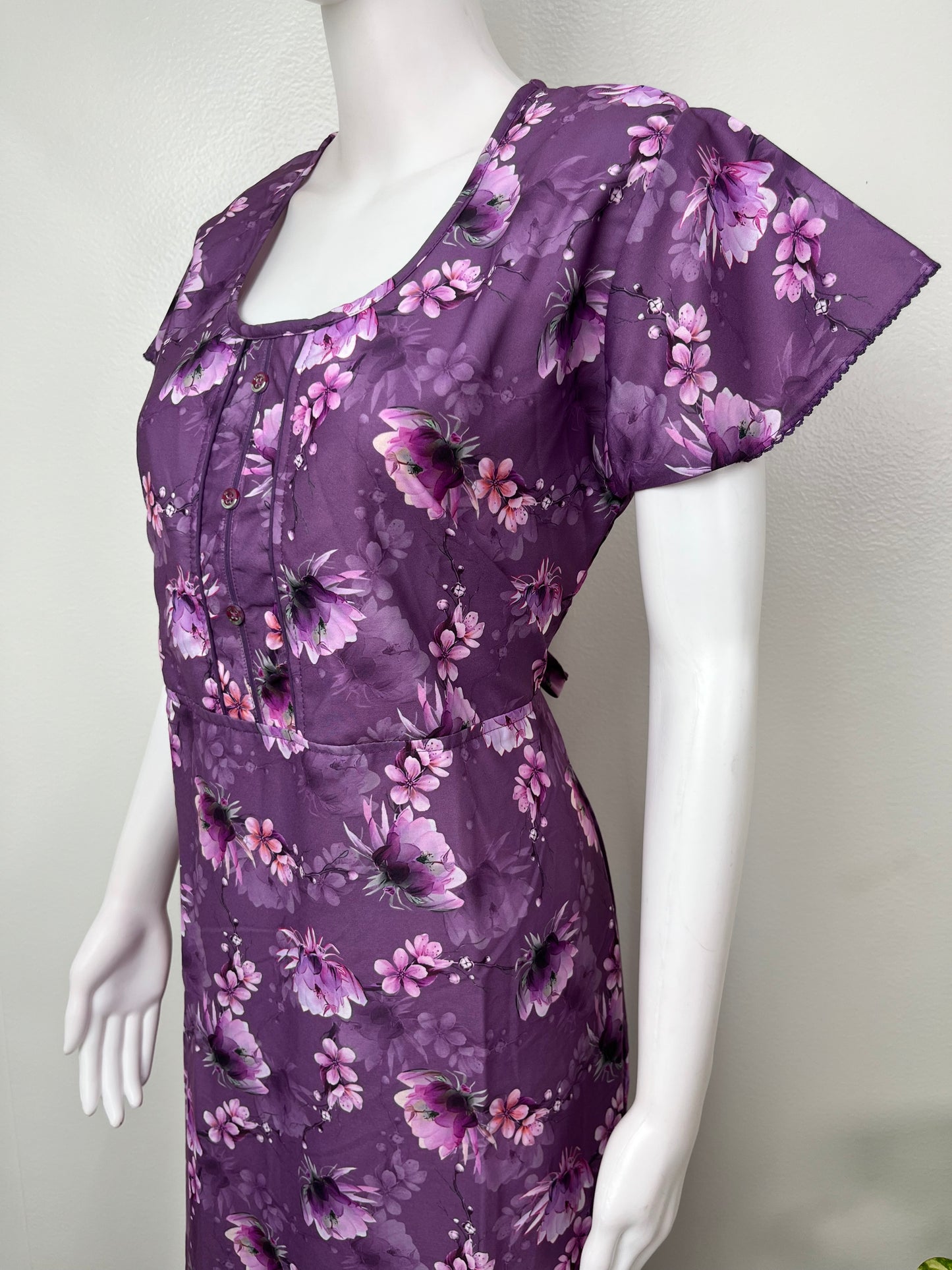 Purple Floral Printed Umbrella Style Nighty