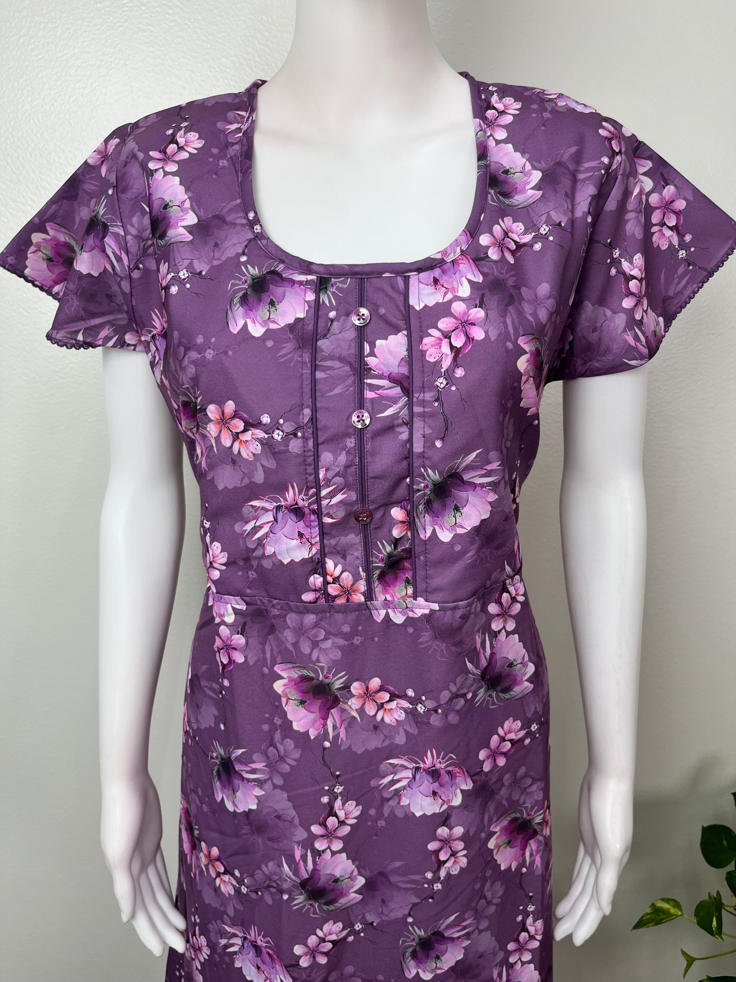Purple Floral Printed Umbrella Style Nighty