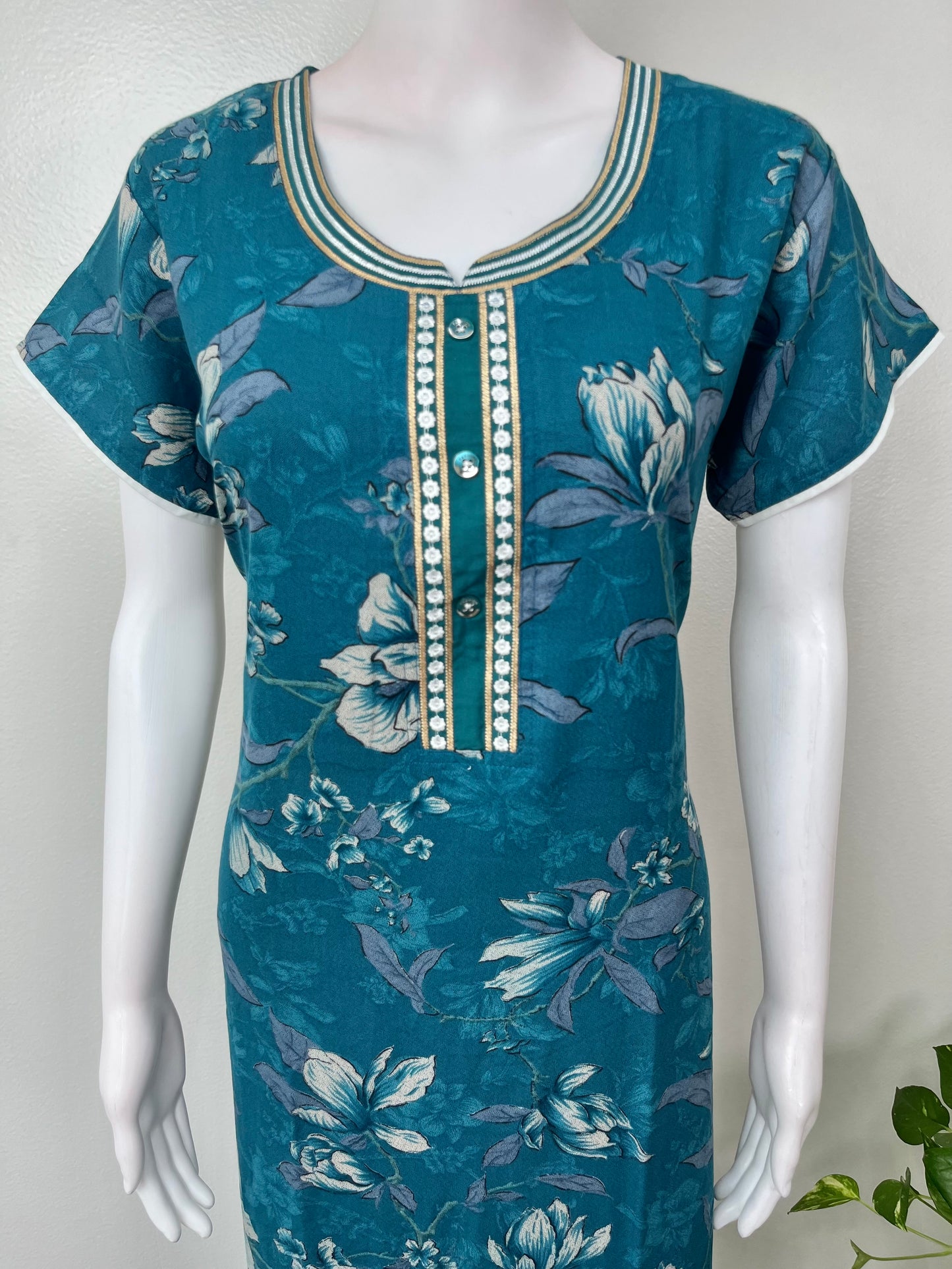 Teal Blue Floral Printed Alpine Nightgown for Women