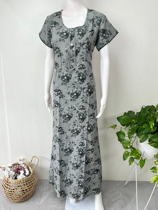 Bottle Green Floral Printed Alpine Fabric Nighty