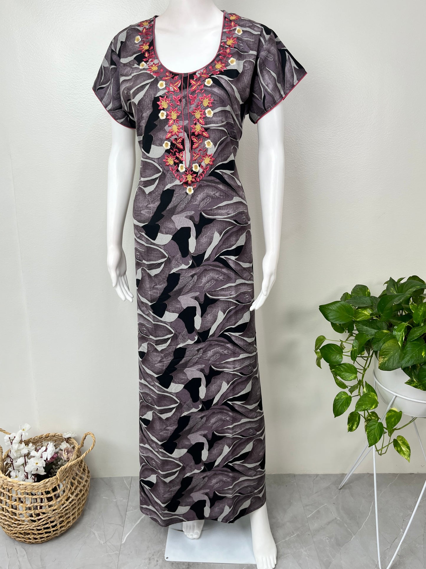 Digital Printed Alpine Fabric Nighty with Embroidery