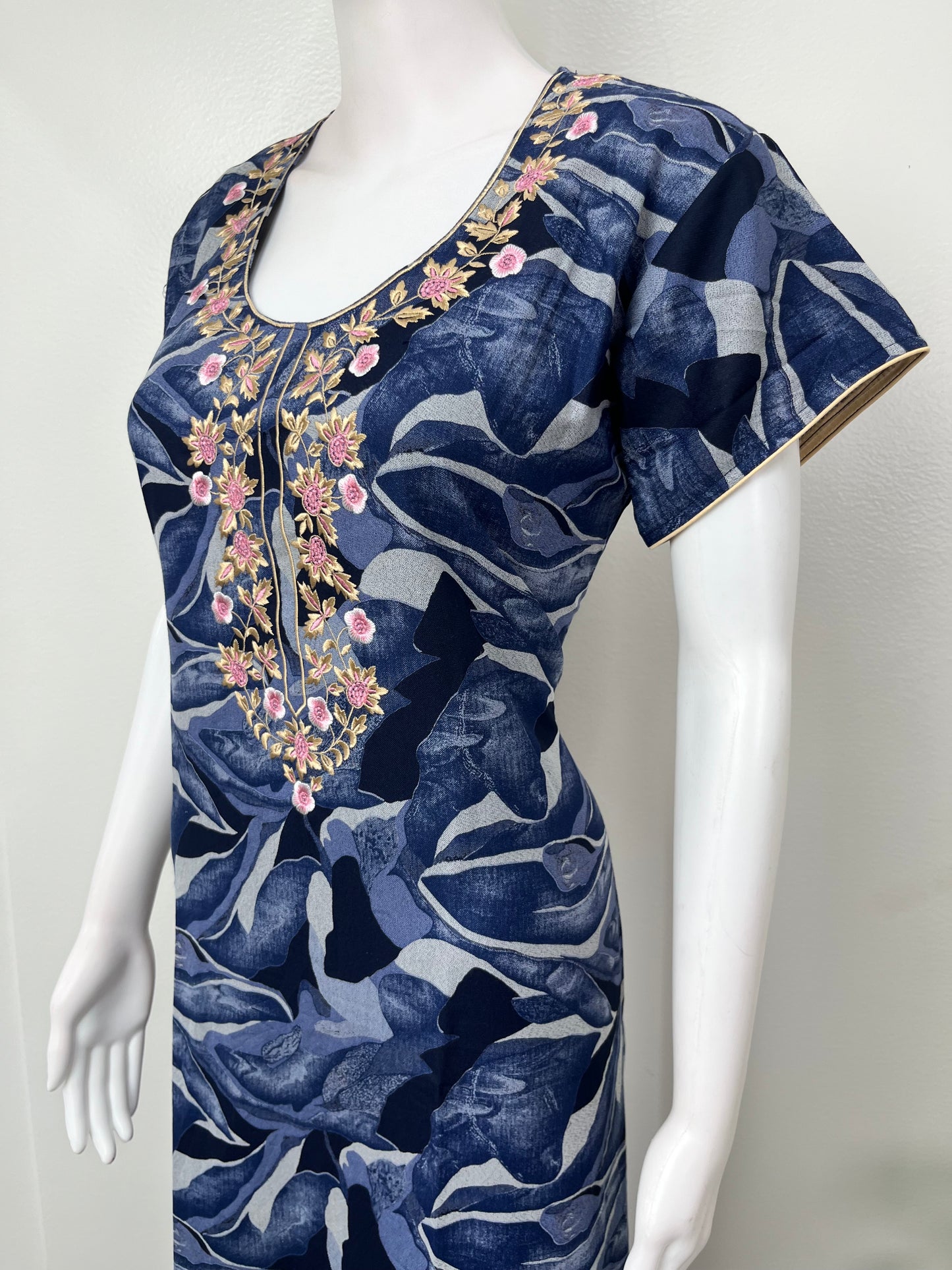 Navy Blue Embroidered Alpine Fabric Nighty