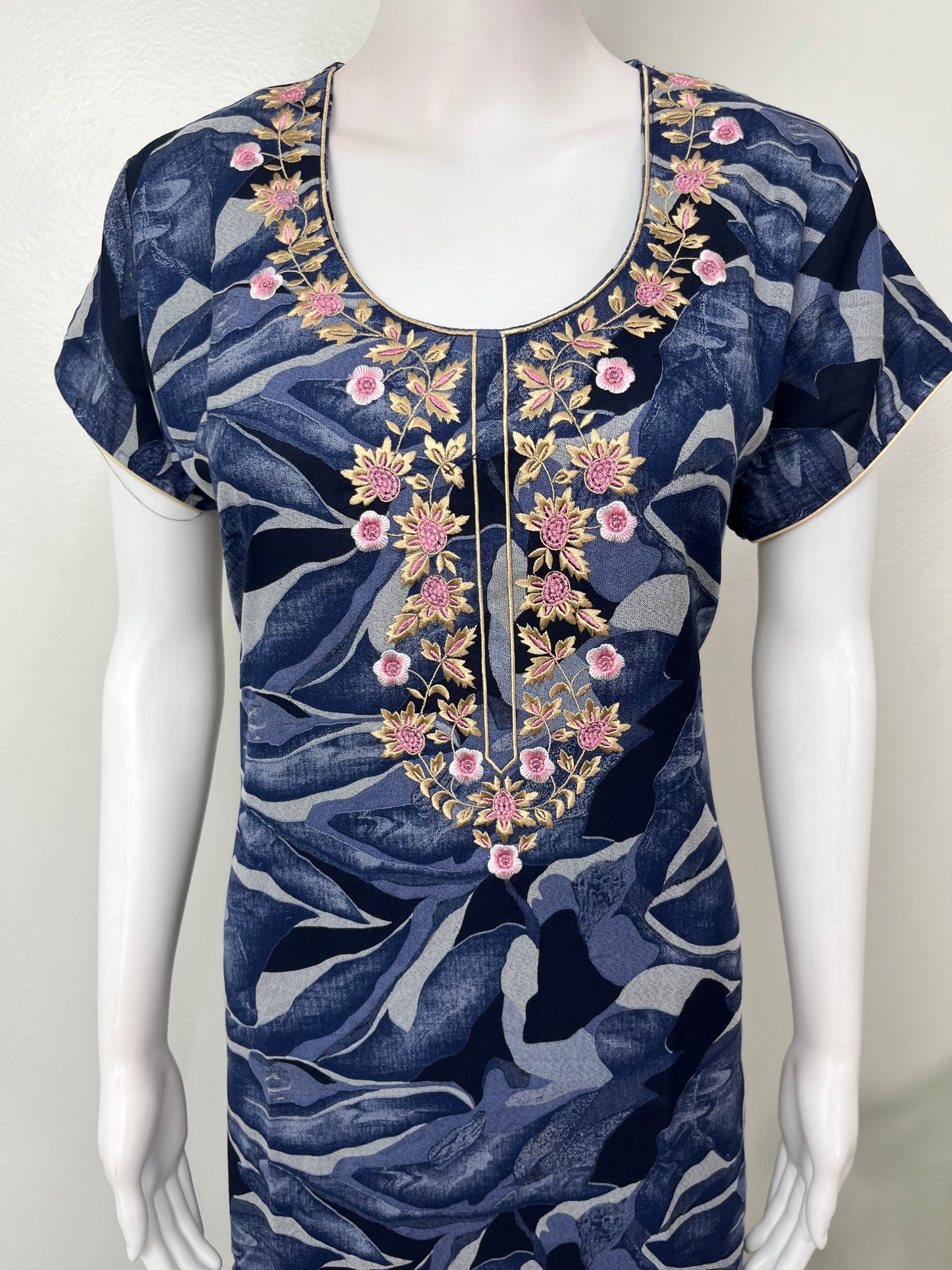 Navy Blue Embroidered Alpine Fabric Nighty