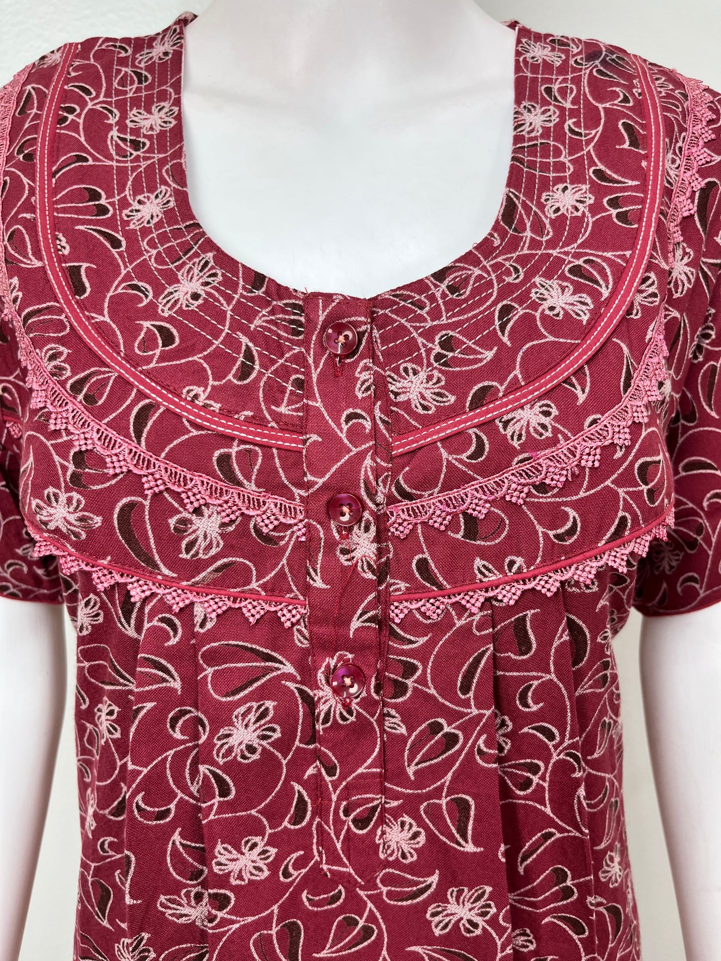 Maroon Pleated Style Alpine Nightgown for Women