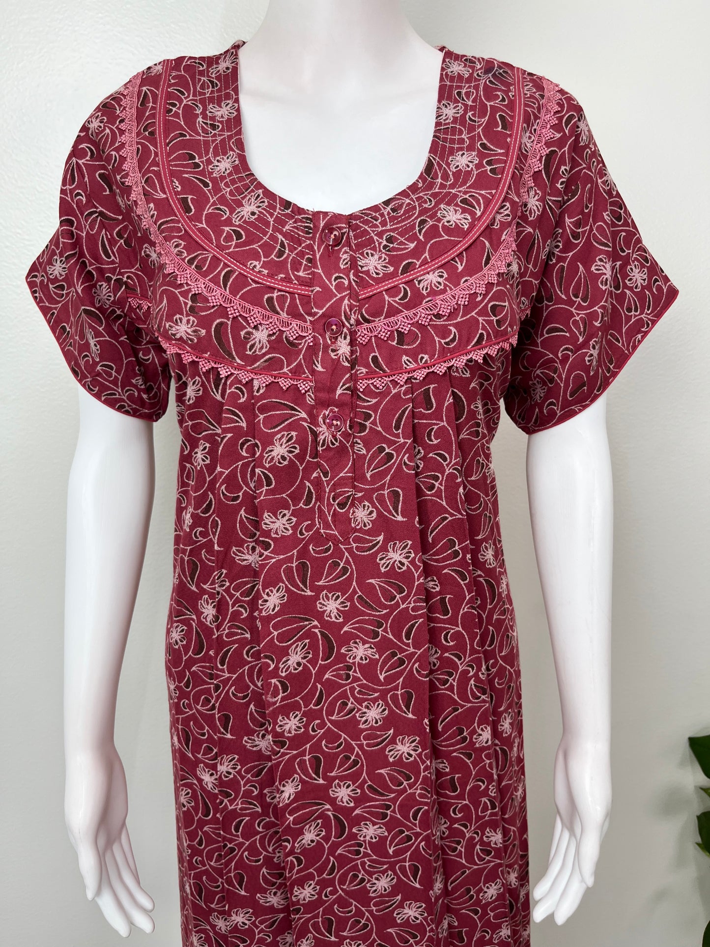 Maroon Pleated Style Alpine Nightgown for Women