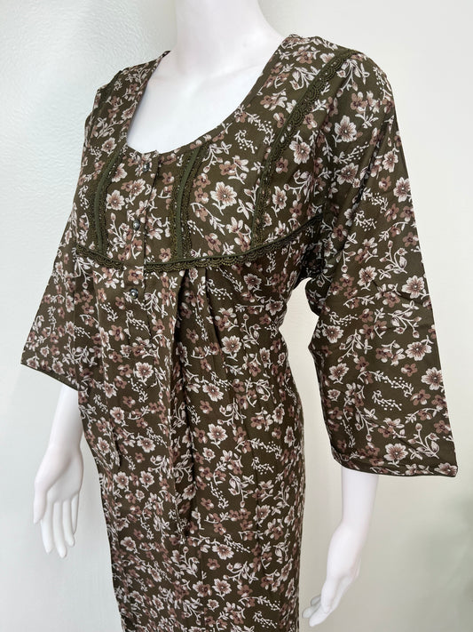 Olive Green Alpine Fabric Nighty 3/4th Sleeves