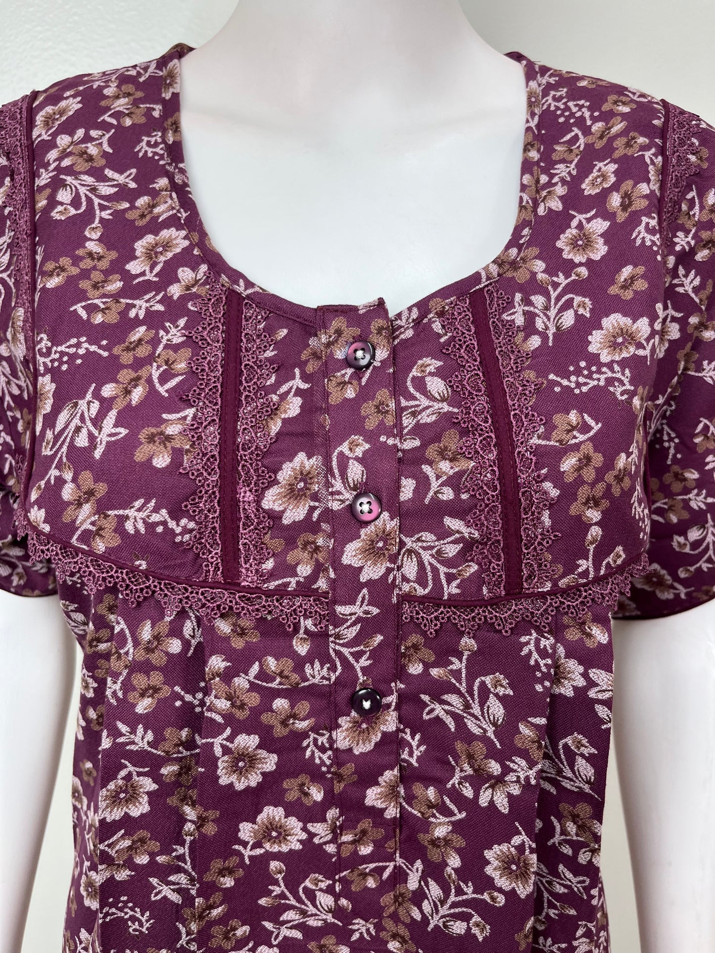 Wine Pleated Style Nightgown in Alpine Fabric