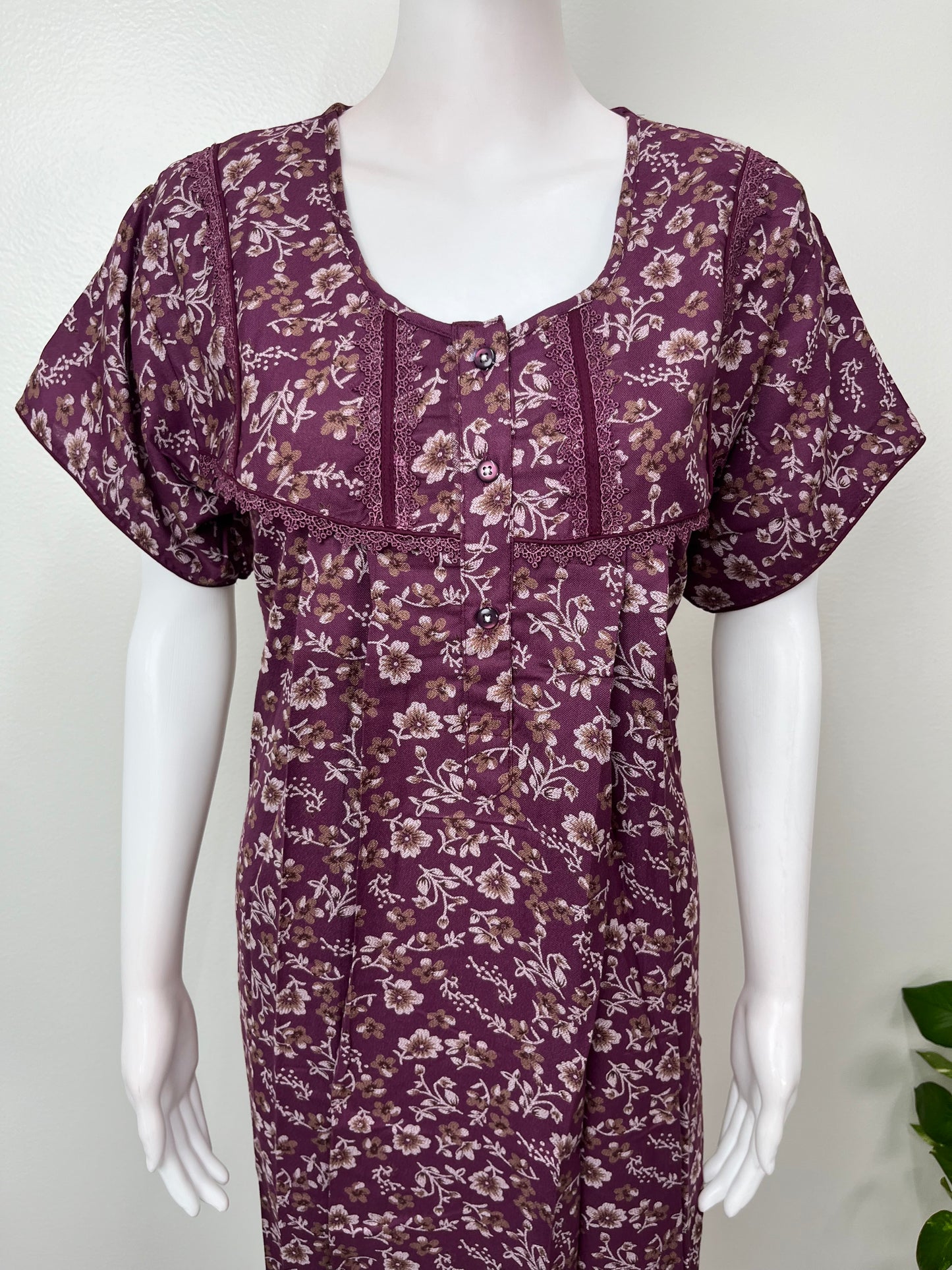 Wine Pleated Style Nightgown in Alpine Fabric