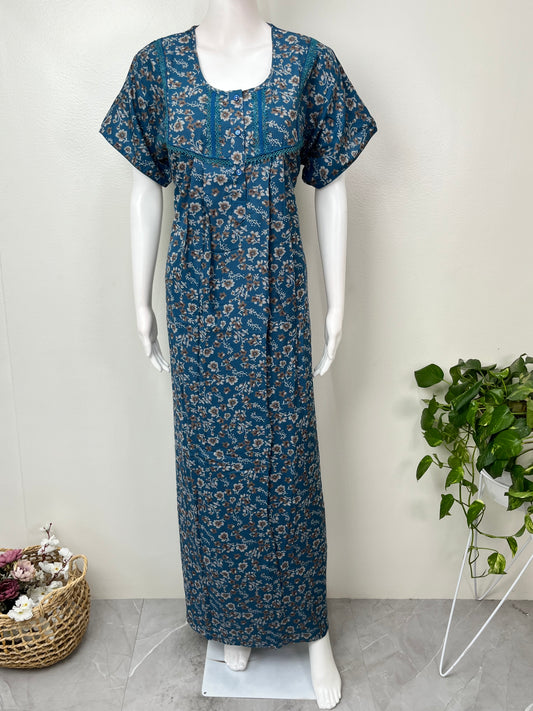 Blue Floral Printed Alpine Fabric Nightgown