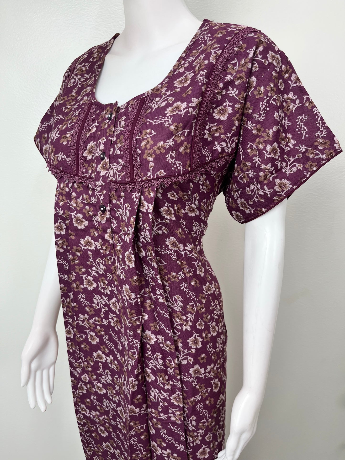 Wine Pleated Style Nightgown in Alpine Fabric