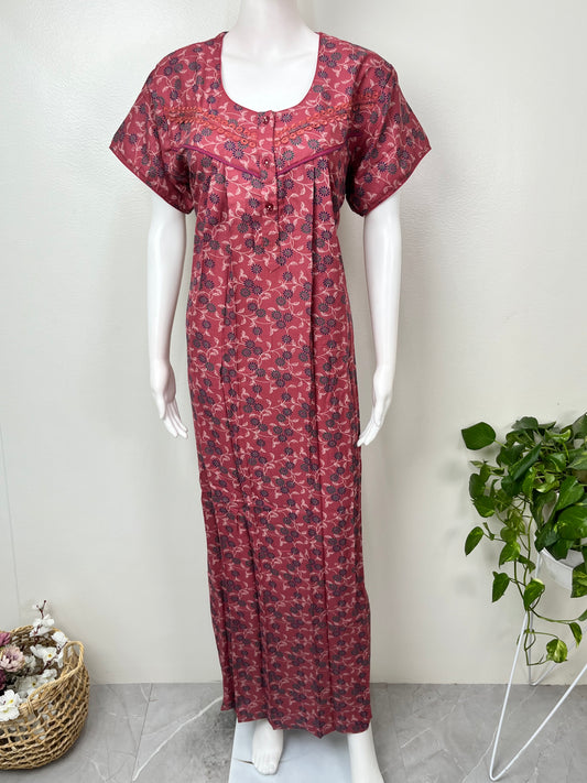 Maroon Pleated Style Alpine Fabric Nighty
