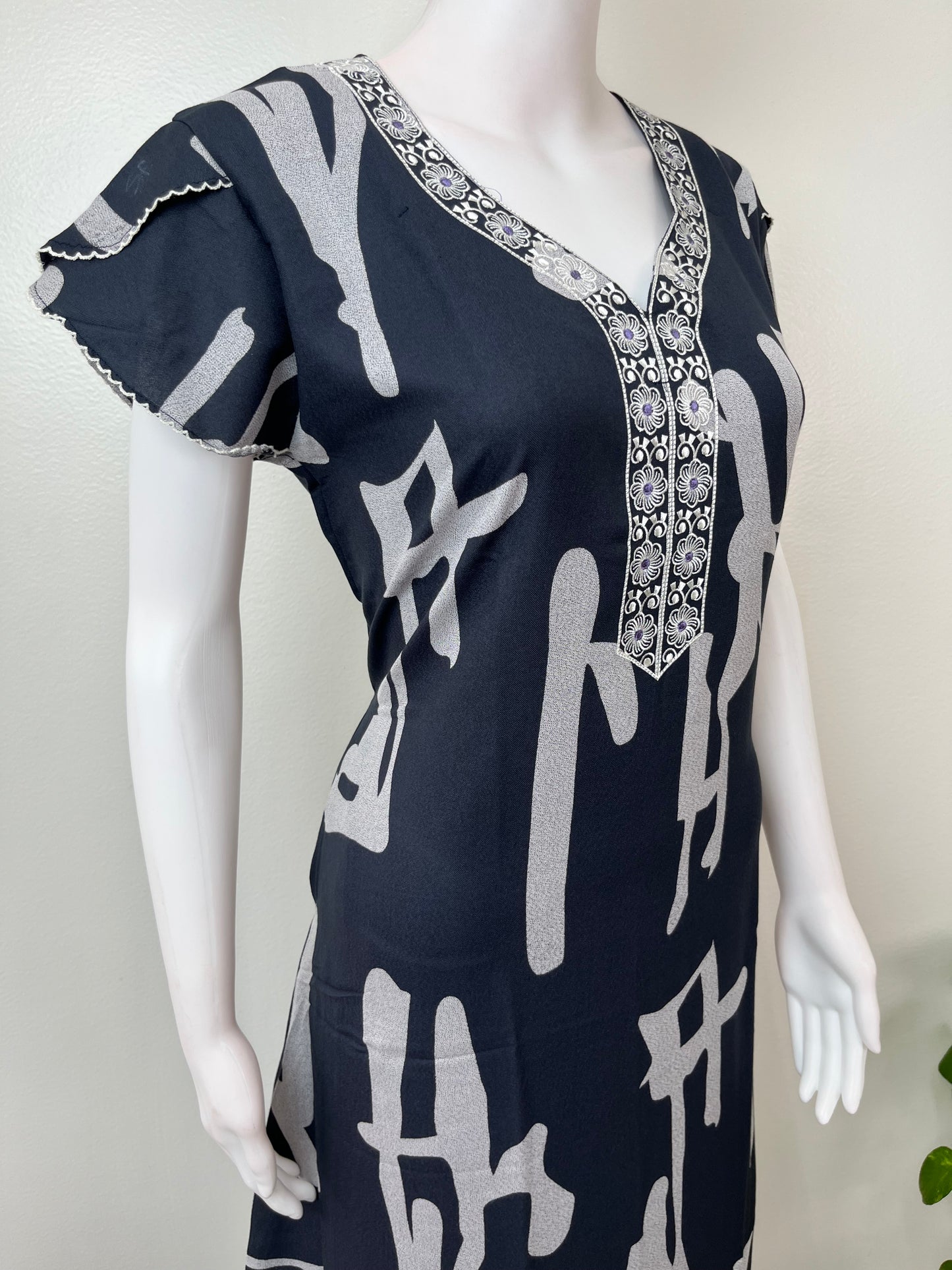Charcoal Gray Embroidered Alpine Fabric Nighty