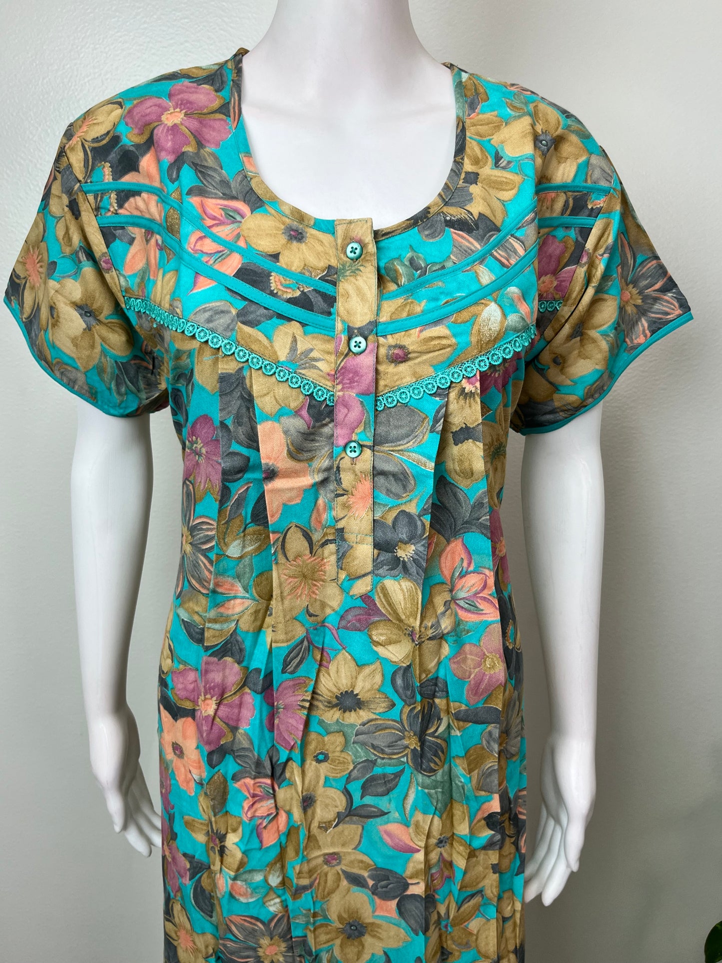 Teal Pleated Style Alpine Fabric Nightgown